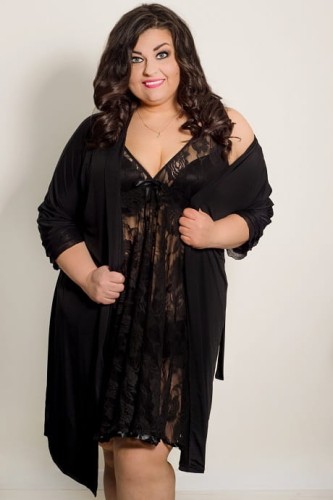 KOMPLET Koronkowa koszulka nocna plus size babydoll - SERI + gładki szlafrok (r. 46-56)   