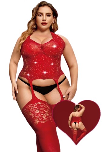 Bodystocking plus size z cyrkoniami CZERWONY  mod. L1010 ( r.44-56) 