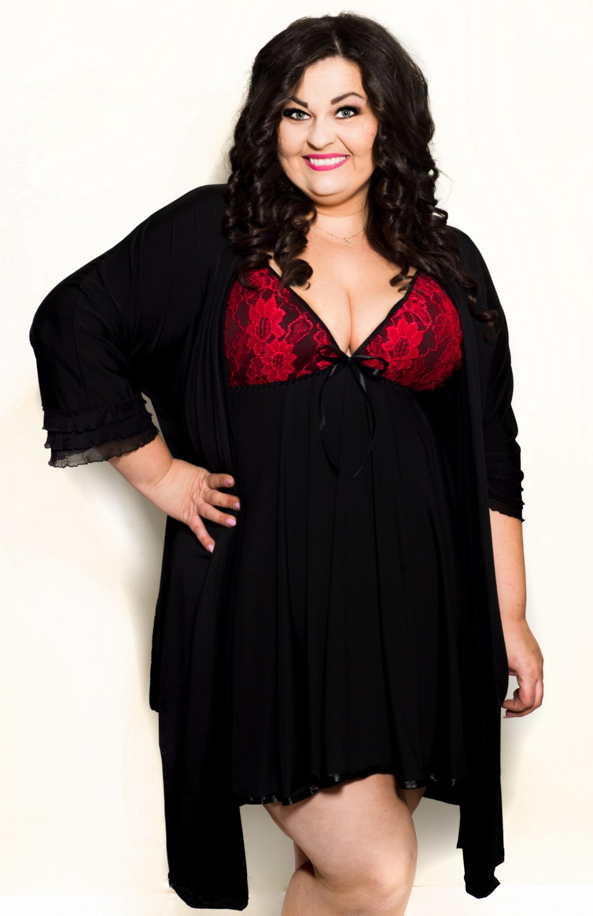 Komplet - koszulka nocna plus size babydoll z koronką SAVIO + gładki szlafrok XXL CZARNY  (r. 46-56)  