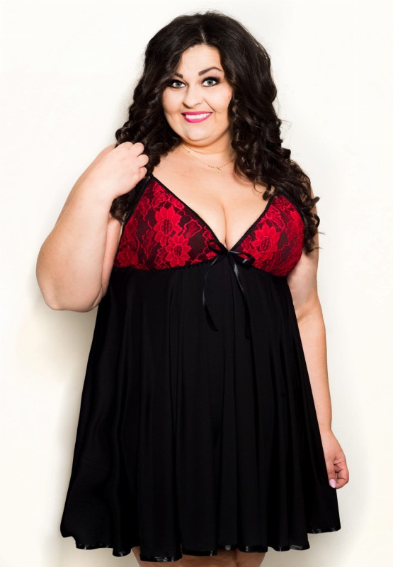 Komplet - koszulka nocna plus size babydoll z koronką SAVIO + gładki szlafrok XXL CZERWONY (r. 46-56)