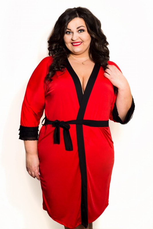 Komplet - koszulka nocna plus size babydoll z koronką SAVIO + gładki szlafrok XXL CZERWONY (r. 46-56)