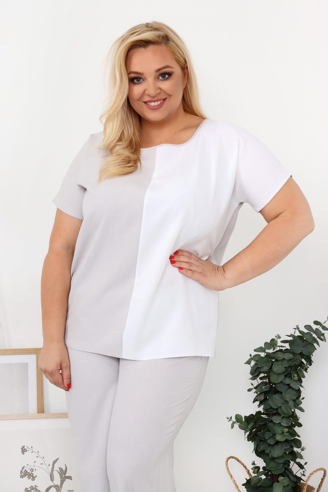 LNIANA bluzka plus size LENI  - szaro - biały  (L.r 44-52) 