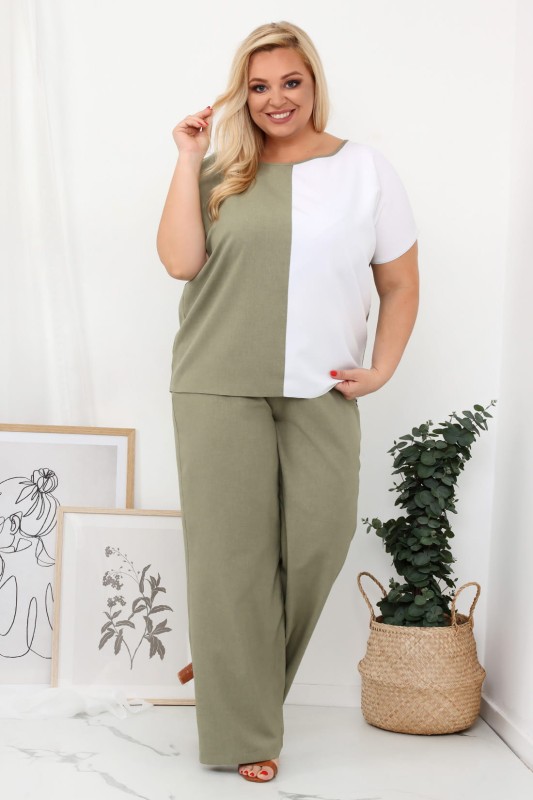 LNIANA bluzka plus size LENI  - khaki  - biały  (L.r 44-52) 