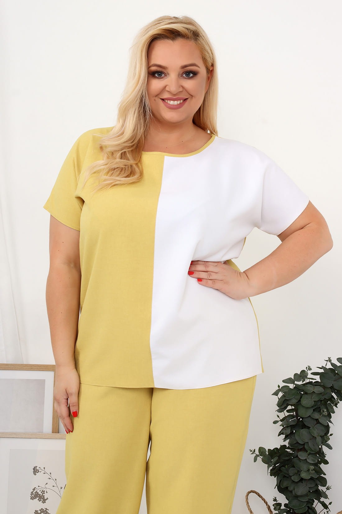 LNIANA bluzka plus size LENI  - musztarda - biały  (L.r 44-52)   