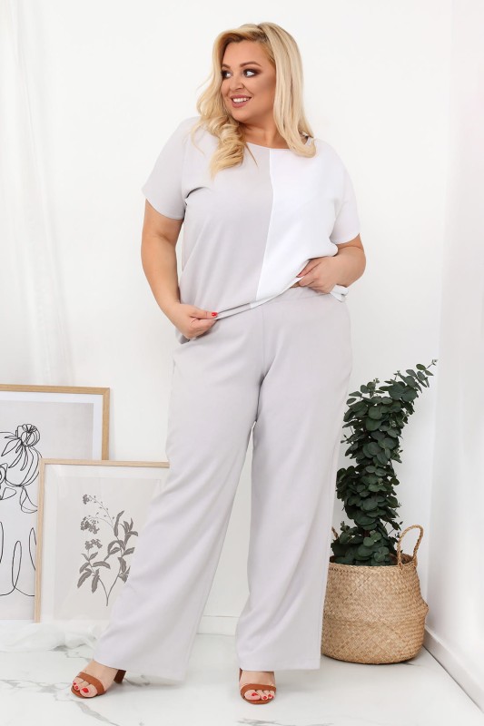 LNIANY KOMPLET PLUS SIZE Spodnie  plus size + bluzka plus size LENI  - szary (L.r 44-52) 