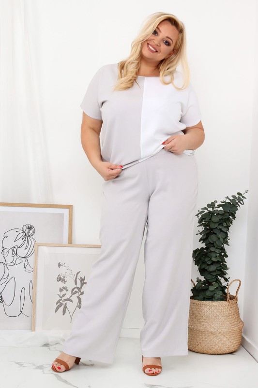 LNIANY KOMPLET PLUS SIZE Spodnie  plus size + bluzka plus size LENI  - szary (L.r 44-52) 