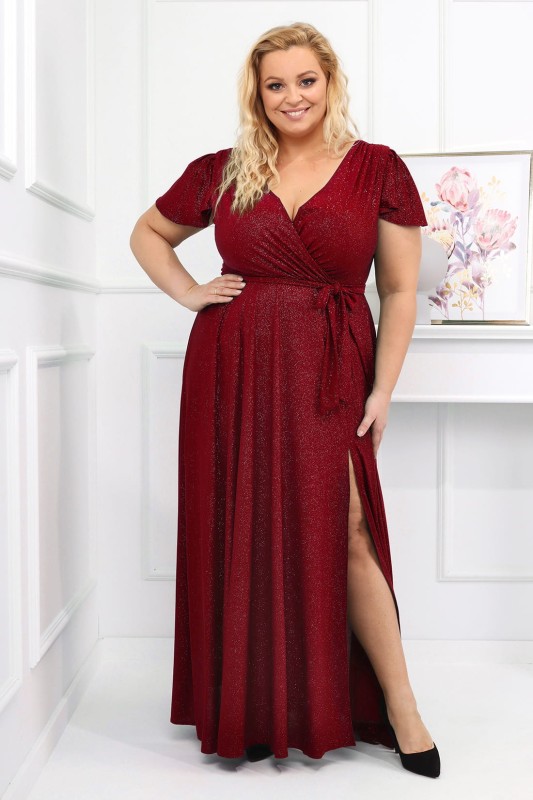 Brokatowa sukienka maxi plus size Bele Exline - rękaw motylek ( r.46-54)