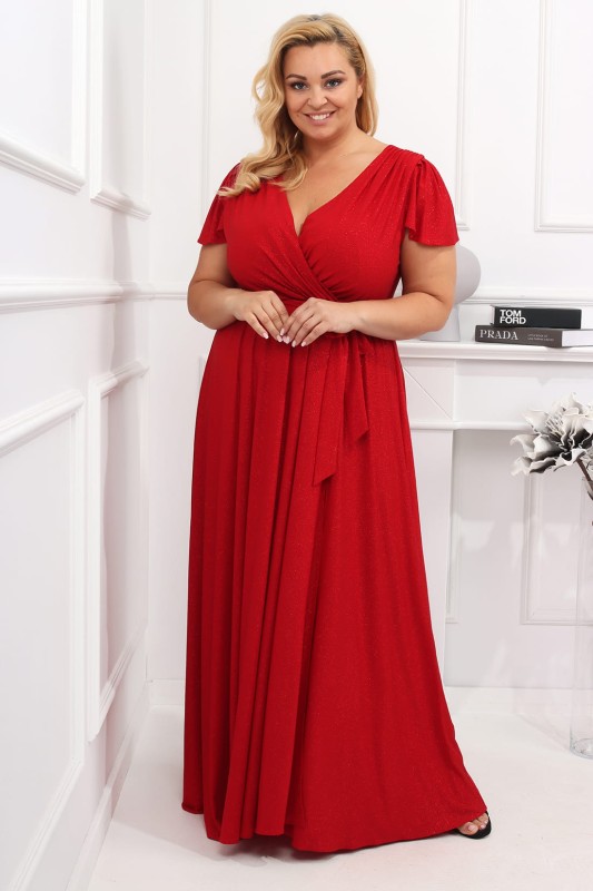 Brokatowa sukienka maxi plus size Bele Exline - rękaw motylek ( r.46-54) 