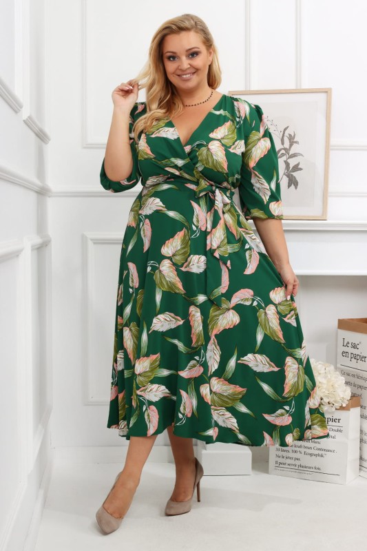 Sukienka plus size Salma zielona w liście  (r. 44-54)  