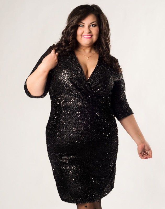  Sukienka cekinowa plus size ołówkowa z zakładanym dekoltem SHINE ( r. 44-54) 