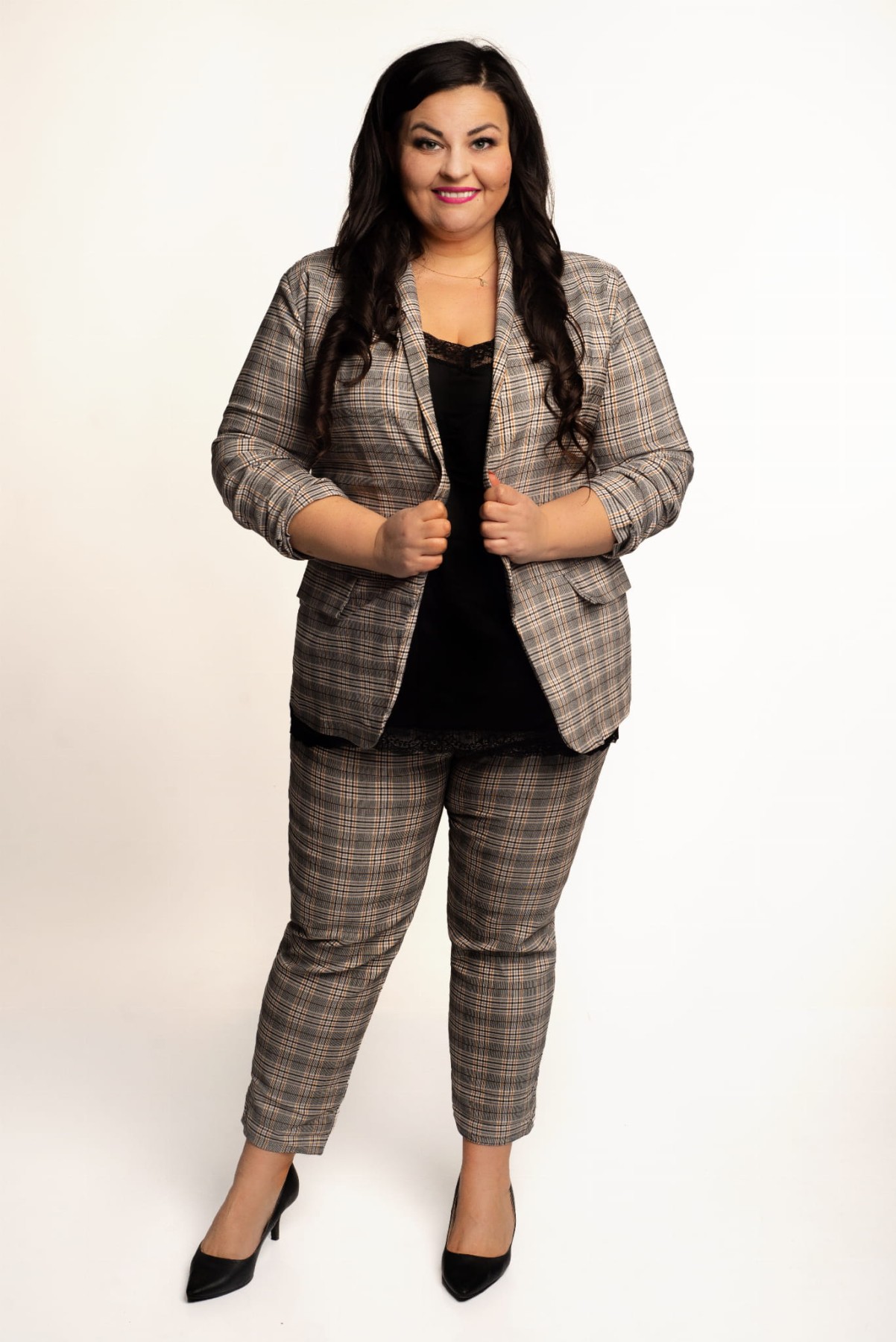 Garnitur damski plus size w kratkę ( r. 42-50) brąz WYPRZEDAŻ -WYSYŁKA 24H