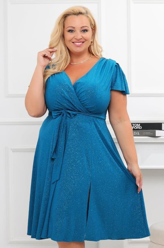 Brokatowa sukienka plus size midi Bele Exline - rękaw motylek ( r.46-54) 