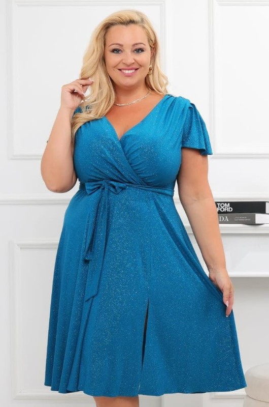 Brokatowa sukienka plus size midi Bele Exline - rękaw motylek ( r.46-54) 