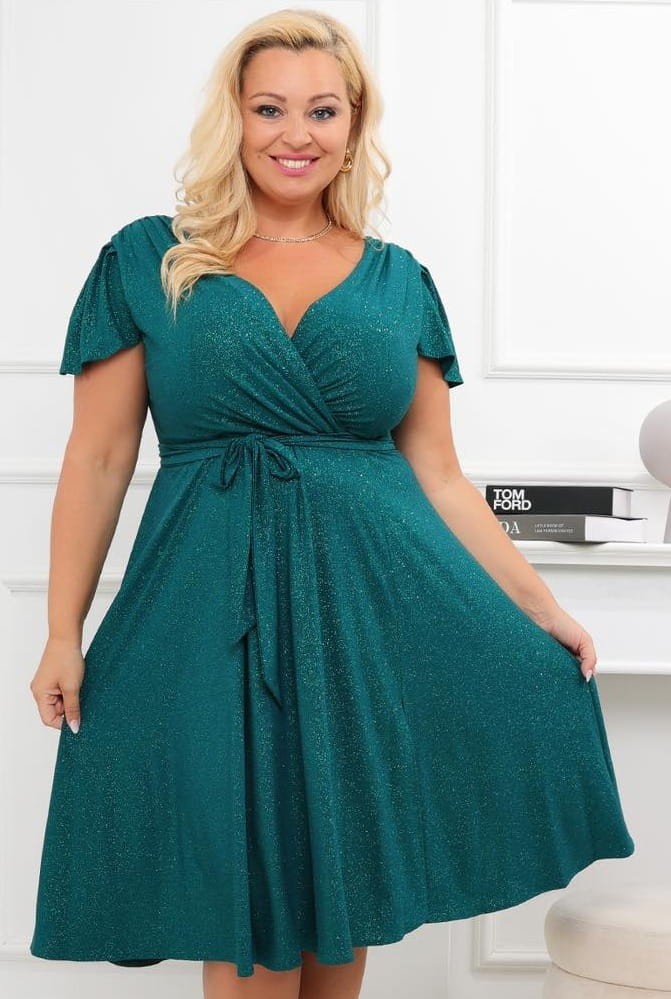 Brokatowa sukienka plus size midi Bele Exline - rękaw motylek ( r.46-54) 