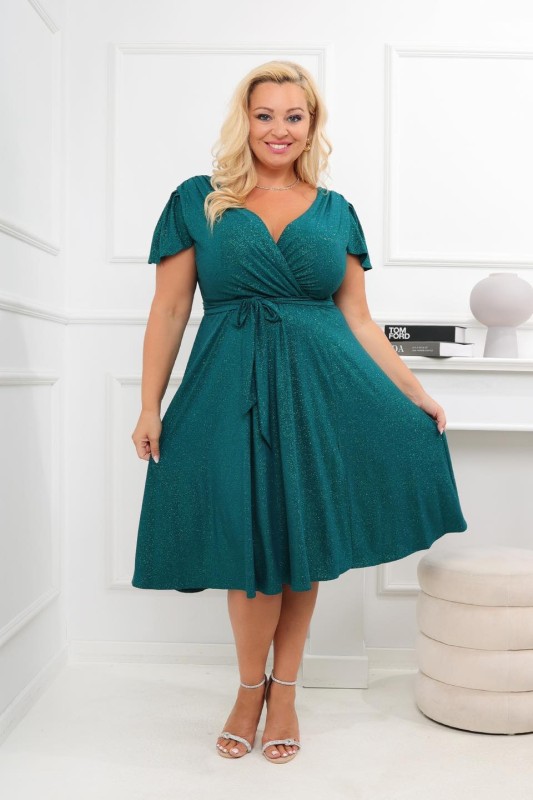 Brokatowa sukienka plus size midi Bele Exline - rękaw motylek ( r.46-54) 