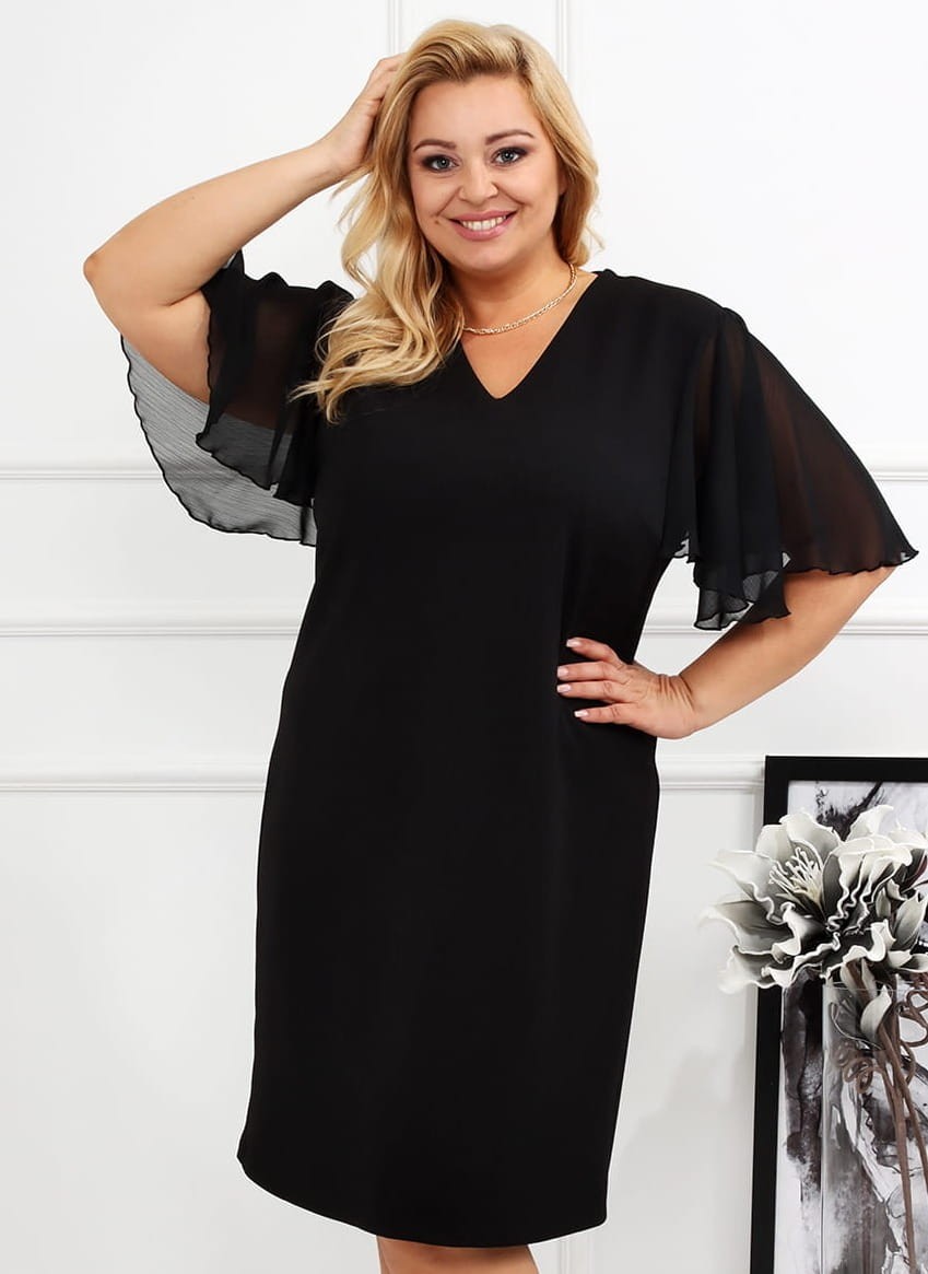 Czarna sukienka plus size PALOMA mod 3 tiulowe rękawki  ( r. 48-56) 