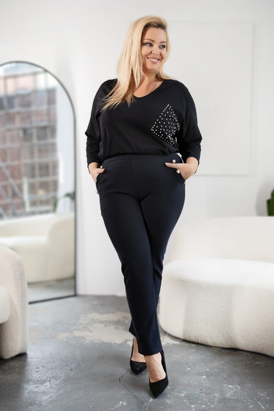 Spodnie plus size z guzikami na kieszonkach ( r. 44-56) GRANATOWE