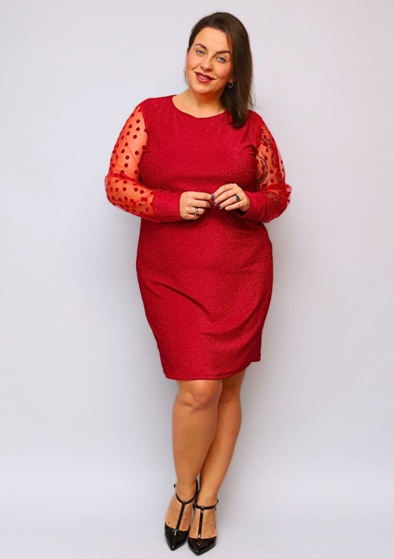 Lekko nabłyszczana sukienka plus size rękawki w kropki  mod. 688 ( r. 42-48)  