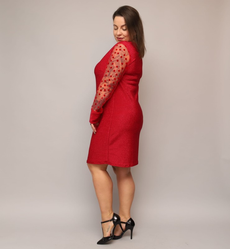 Lekko nabłyszczana sukienka plus size rękawki w kropki  mod. 688 ( r. 42-48)  
