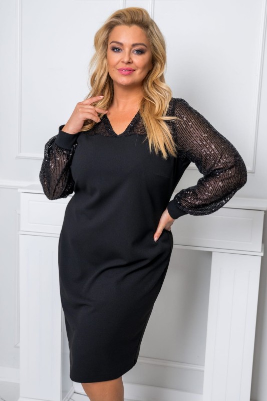 Elegancka Czarna Sukienka plus size z cekinowymi rękawkami  EMMA ( r. 48-56)
