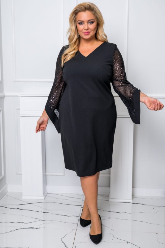 Elegancka Czarna Sukienka plus size z cekinowymi rękawkami  MORTICIA  ( r. 48-56) BESTSELLER