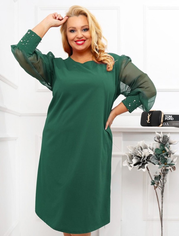 Sukienka plus size trapezowa z ozdobą na rękawach ( r. 48-54)  