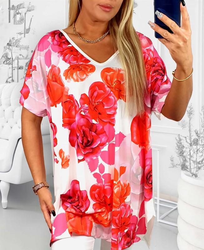 Tunika damska plus size WISKOZA róże czerwone  ( r. 48-56)