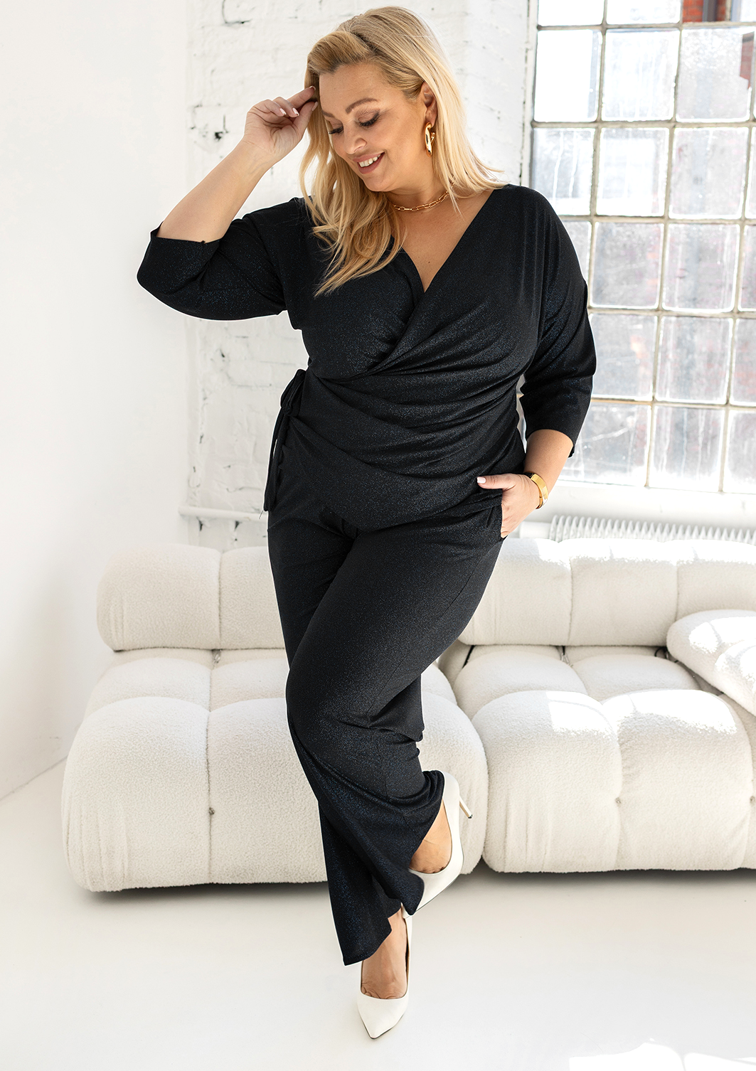 Komplet plus size spodnie + bluzka do wiązania  BŁYSK ( r. 46-54)