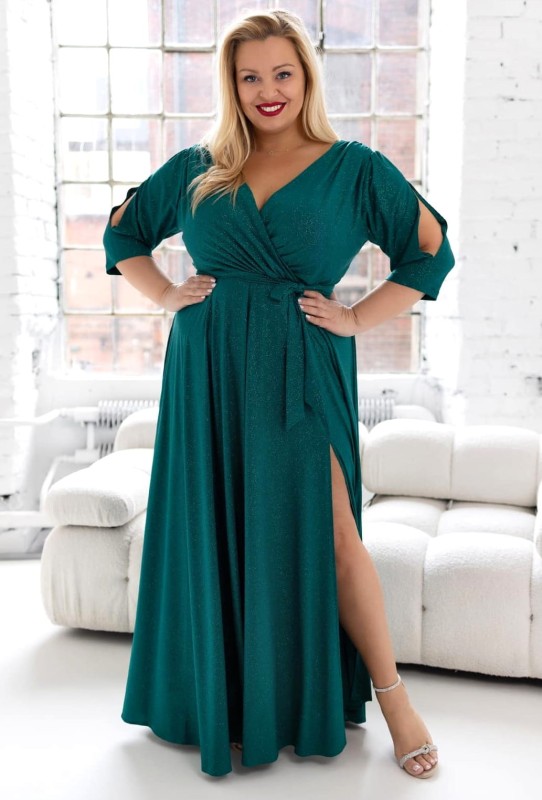 Brokatowa sukienka maxi plus size z rękawkiem LUSSI ( r.46-54) 