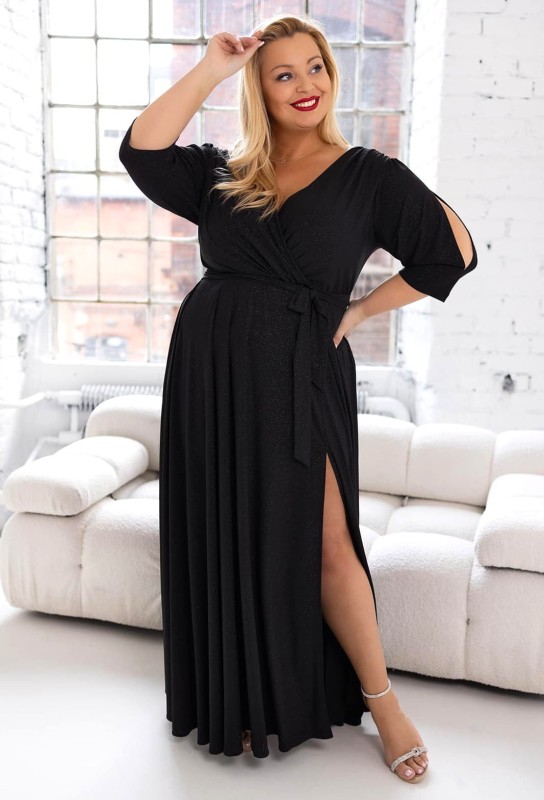 Brokatowa sukienka maxi plus size z rękawkiem LUSSI ( r.46-54) 