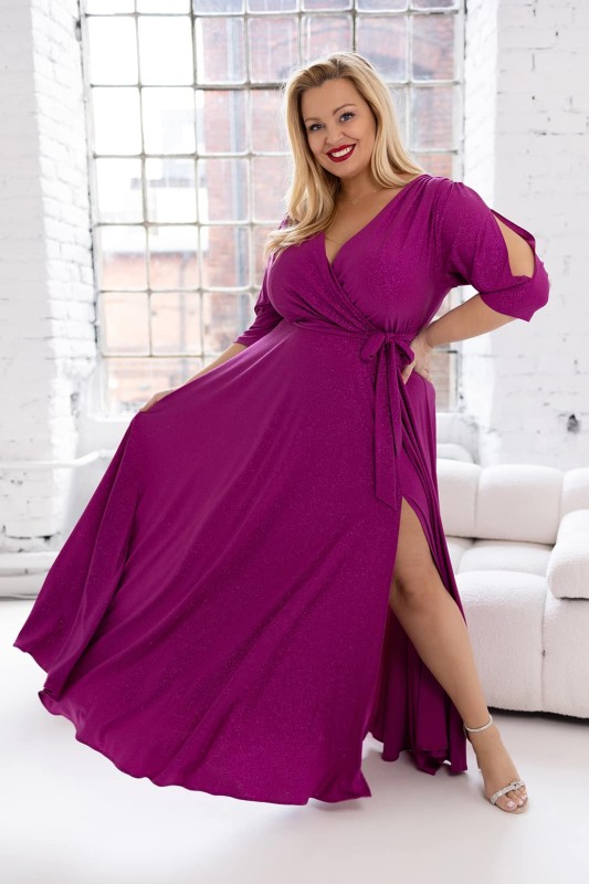 Brokatowa sukienka maxi plus size z rękawkiem LUSSI ( r.46-54) 