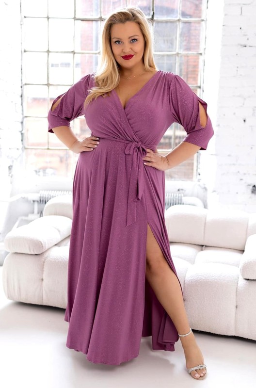 Brokatowa sukienka maxi plus size z rękawkiem LUSSI ( r.46-54) 