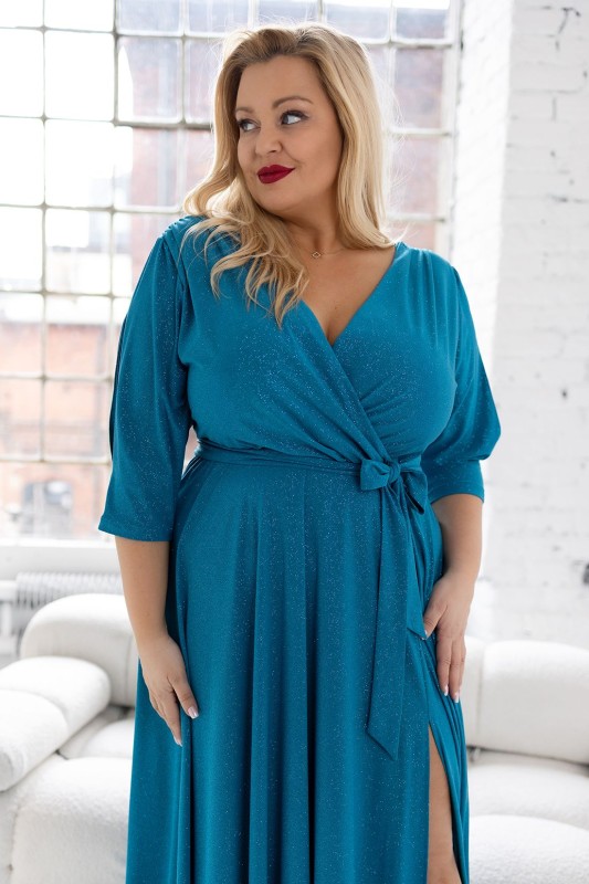 Brokatowa sukienka maxi plus size z rękawkiem LUSSI ( r.46-54)