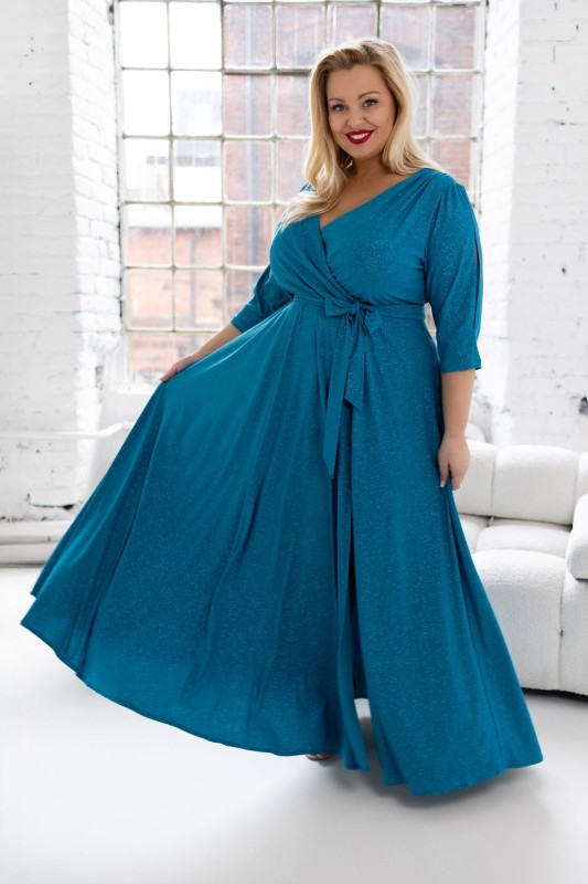 Brokatowa sukienka maxi plus size z rękawkiem LUSSI ( r.46-54)