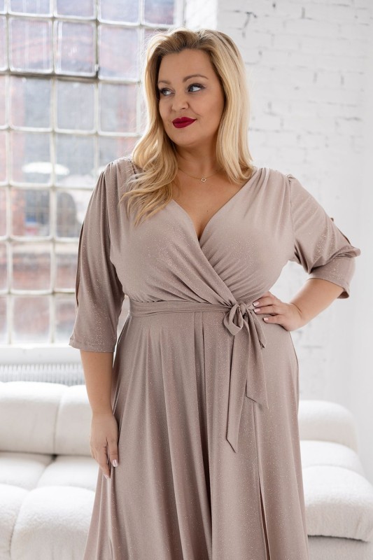 Brokatowa sukienka maxi plus size z rękawkiem LUSSI ( r.46-54)