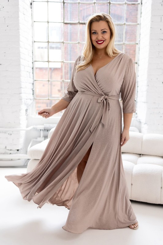 Brokatowa sukienka maxi plus size z rękawkiem LUSSI ( r.46-54)