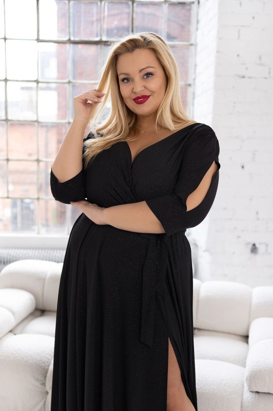 Brokatowa sukienka maxi plus size z rękawkiem LUSSI ( r.46-54) 