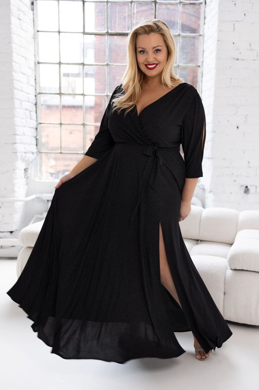 Brokatowa sukienka maxi plus size z rękawkiem LUSSI ( r.46-54) 
