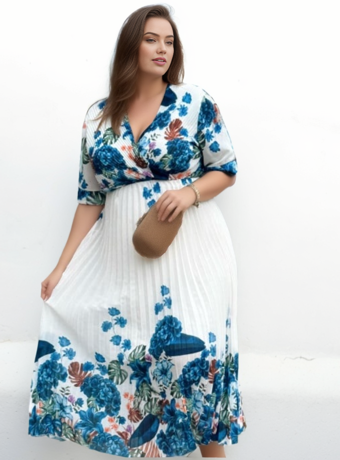 Sukienka plus size szyfonowa plisowana w kwiaty  ( 46-54 ) 