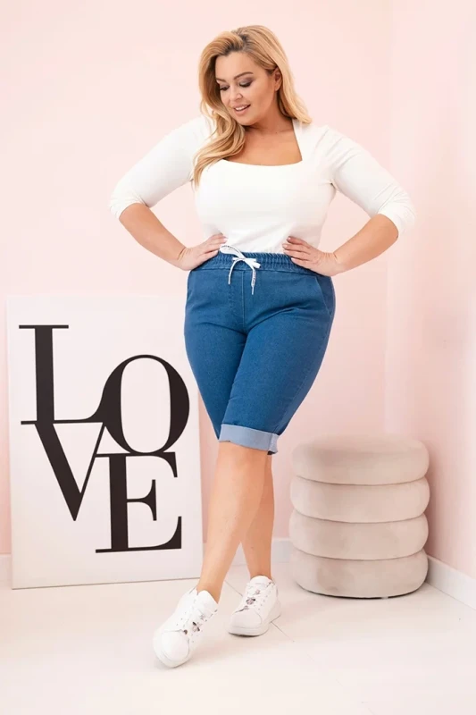 Spodenki plus size z gumą w pasie i sznurkiem do wiązania -  CIEMNY JEANS ( 44-50)  