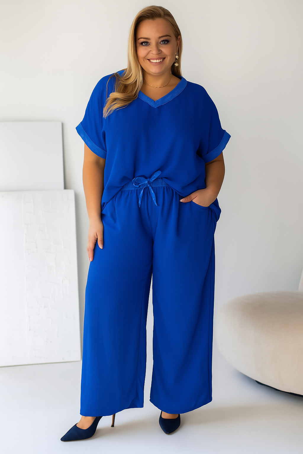 Komplet plus size z dekoltem V i lamówką  ( r. 50-56)  