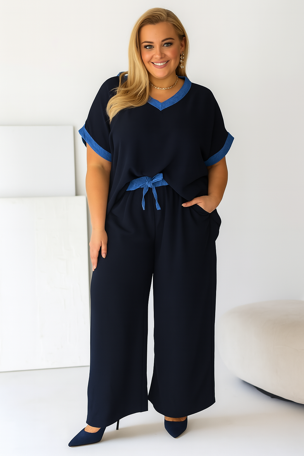 Komplet plus size z dekoltem V i lamówką  ( r. 50-56) 