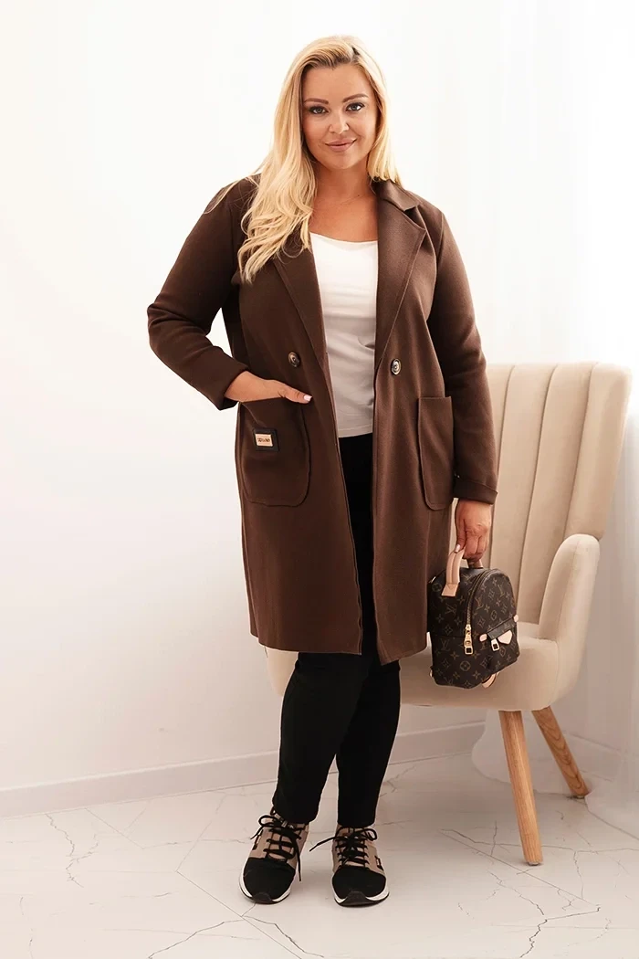 Płaszcz damski elegancki Plus Size z kołnierzem i dużymi kieszeniami – ciemny brąz
