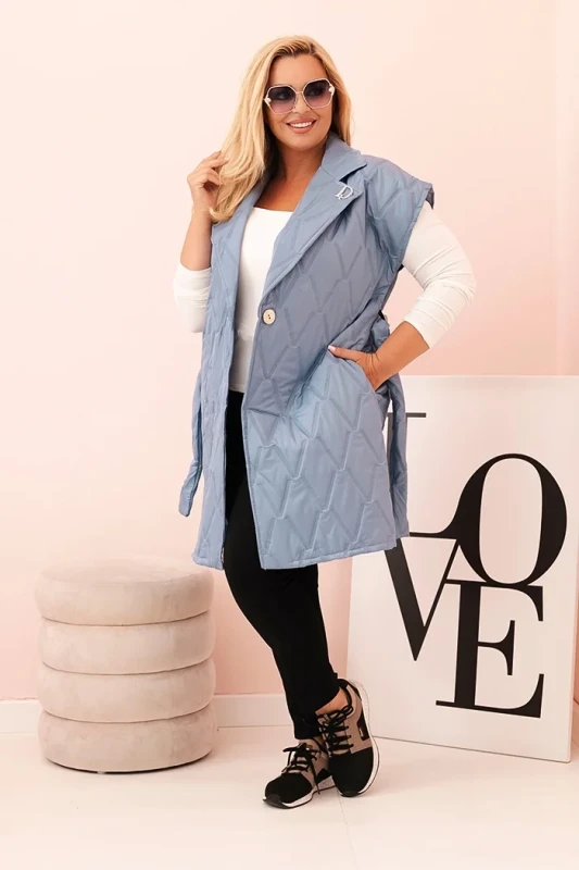 Kamizelka damska Plus Size pikowana z paskiem i kołnierzem –