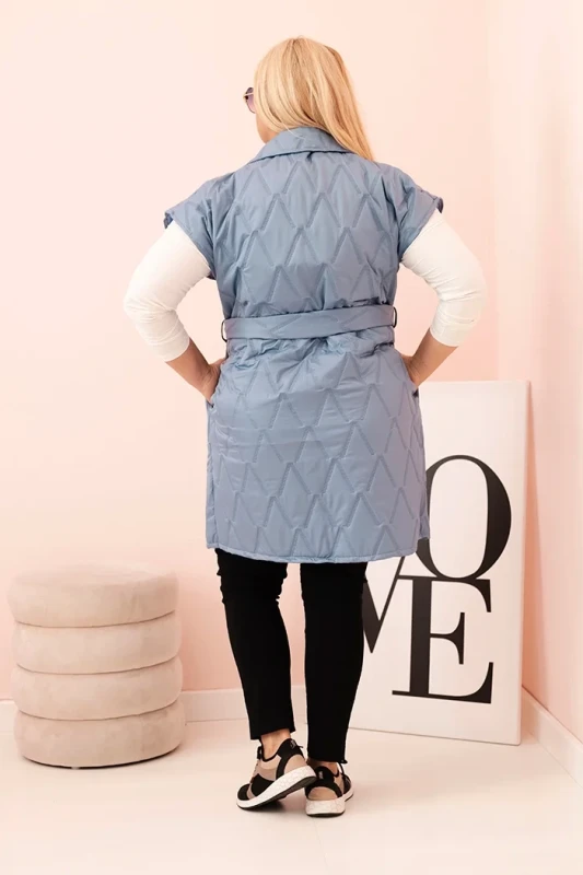 Kamizelka damska Plus Size pikowana z paskiem i kołnierzem –