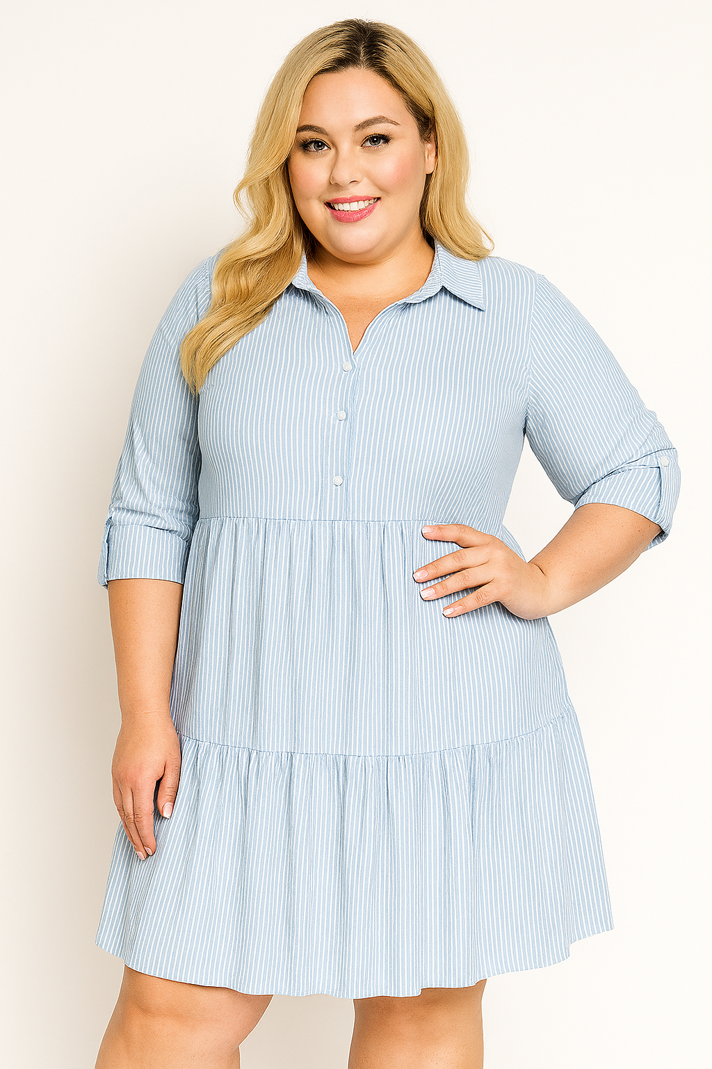 Asymetryczna sukienka plus size z rozpinanym dekoltem na guziczki  i falbanką w paseczki   ( r. 46-54 )   