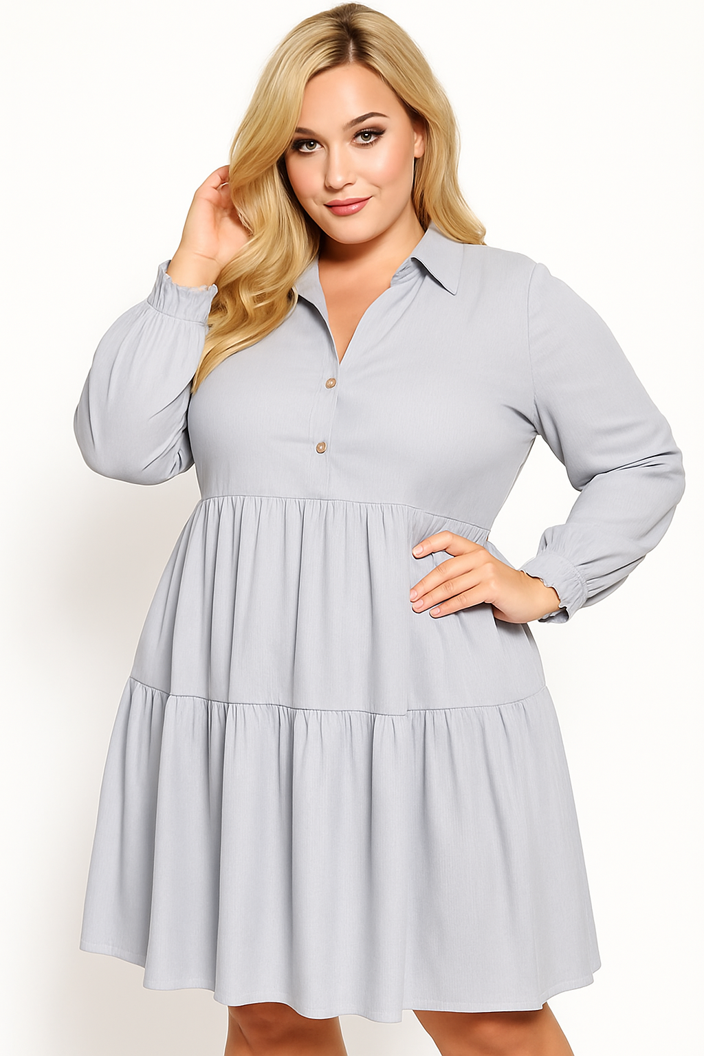 Asymetryczna sukienka plus size z rozpinanym dekoltem na guziczki  i falbanką w paseczki   ( r. 46-54 )   