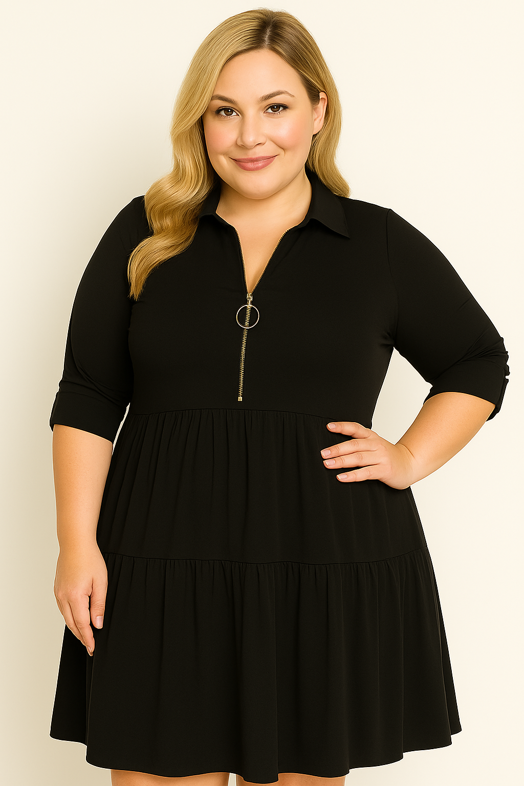 Sukienka plus size z rozpinanym dekoltem na zamek  i falbanką  ( r. 46-54 )  