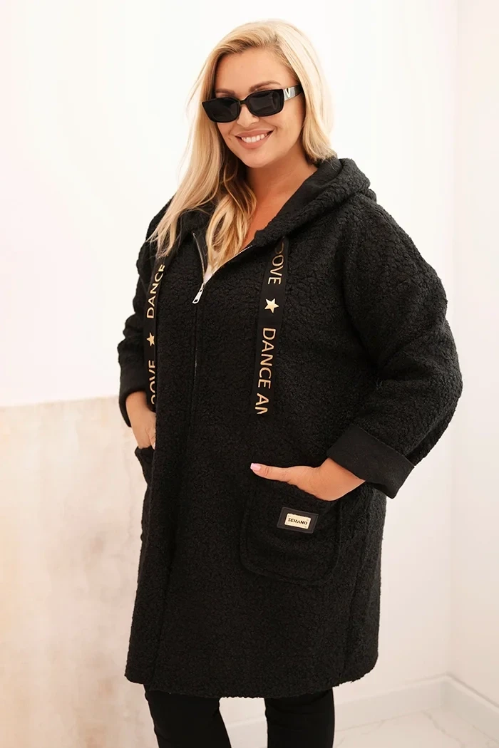 Płaszcz damski Plus Size ze sztucznego baranka z kapturem i kieszeniami ( r 48-56)