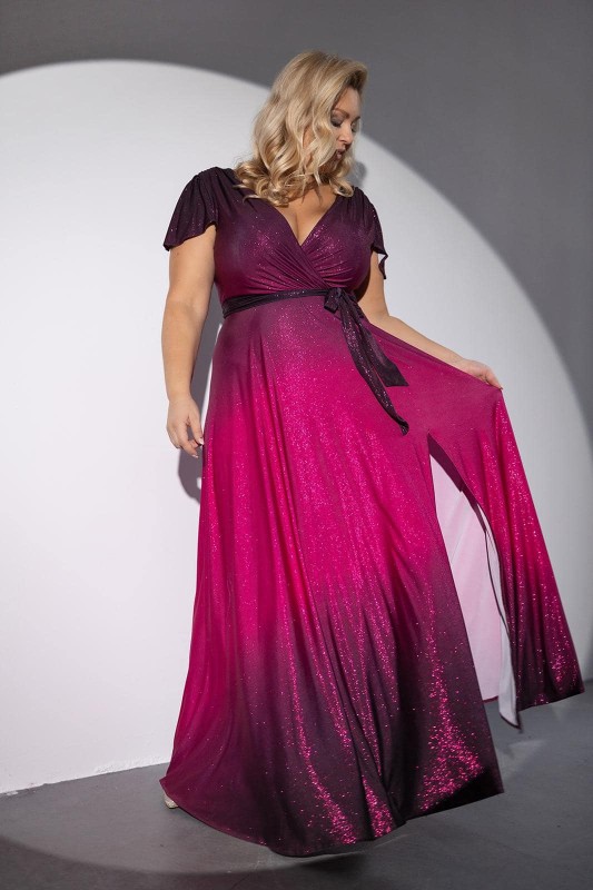 Błyszcząca sukienka maxi plus size OMBRE Bele Exline - rękaw motylek ( r.46-52) 